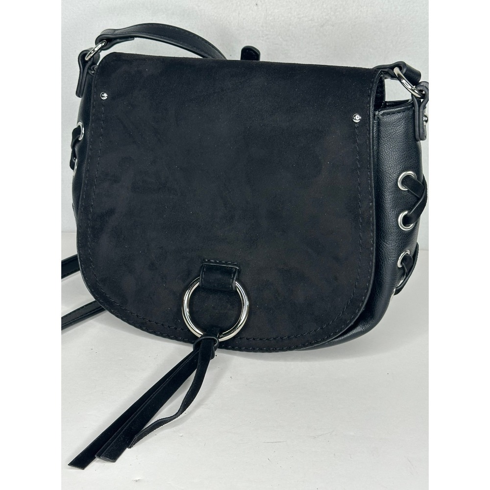 Nine West Black Faux Leather Suede Lace Up Side Tassel Crossbody Saddle Bag Y2K